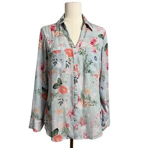 Express Blouse Womens Medium Multicolor Floral Button Up Long Sleeve Spring Top